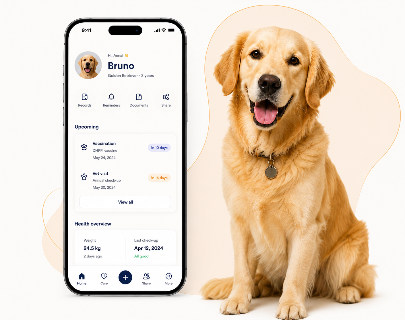 Caniello app preview for Bruno beside a golden retriever