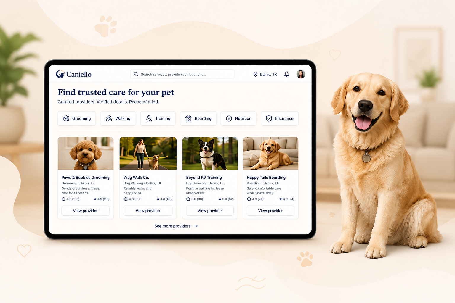 Next-stage trusted pet services concept with provider cards and pets